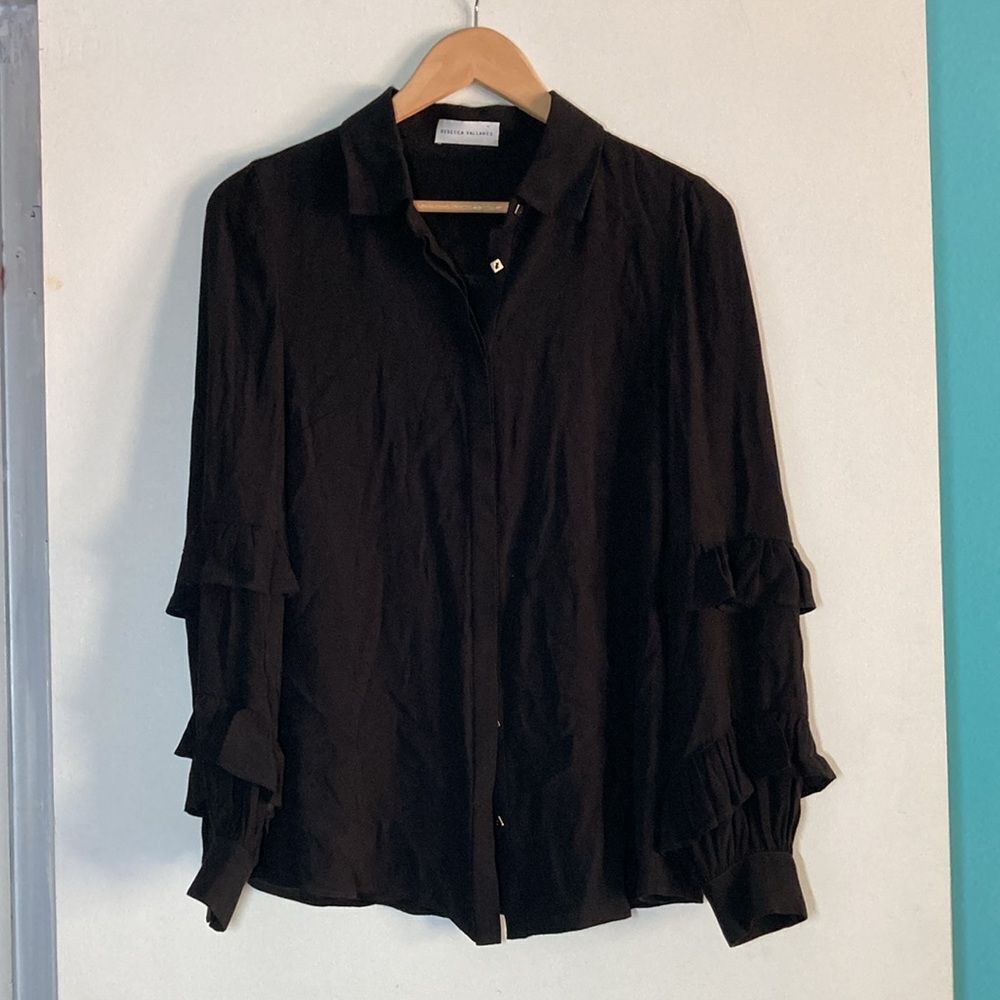 Rebecca Vallance Womens Size 2 Black Blouse Ruffle Sleeve Button Front 34b